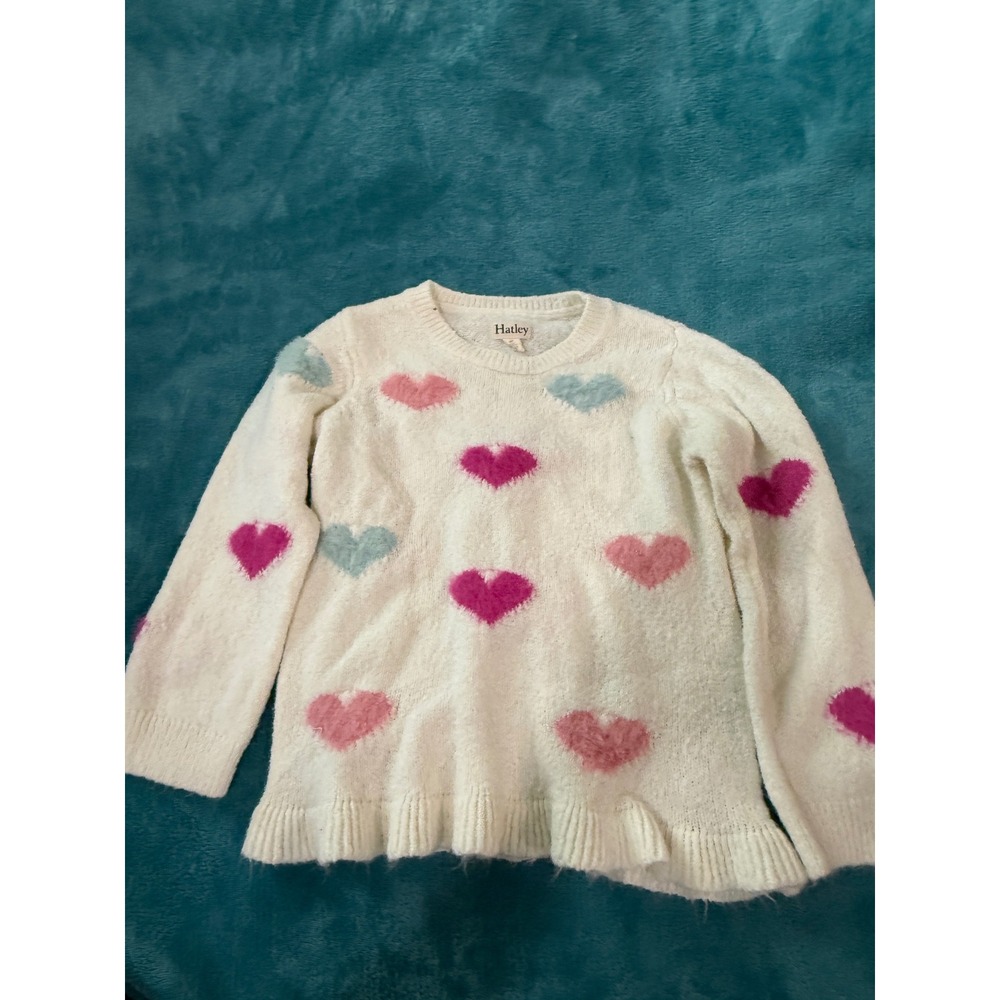 Hatley Girls 4T Heart Pattern Fuzzy Knit Sweater Cream Pink Blue Ruffle Hem